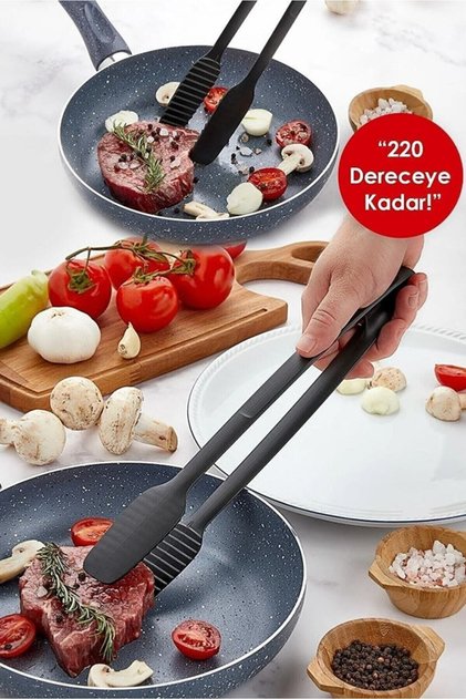 Siyah Servis Ve Izgara Maşası 220 Derece Dayanıklı Yanmaz Yapışmaz Silikon Maşa Kaymaz Barbekü Maşa