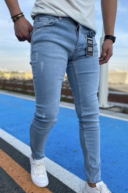 Erkek Buz Mavi Slim Fit Dar Paça Lazerli Kot Pantolon