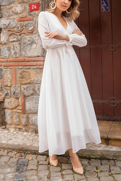 White Long Double-Breasted Collar Wrap Chiffon Plus Size Dress
