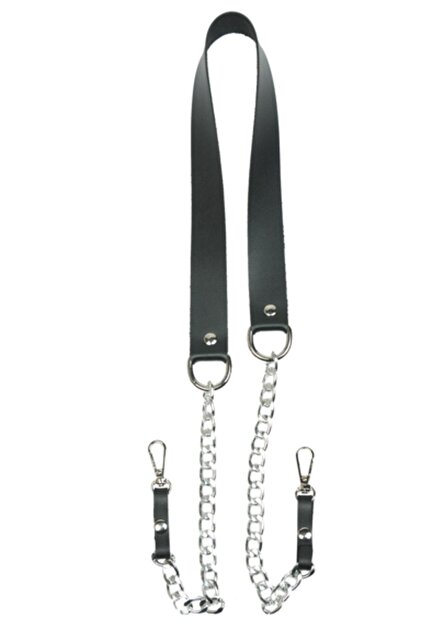 Curea pentru geanta model cu fundita cu lant de culoare argintie - Piele: Negru Lungime: 110 Cm