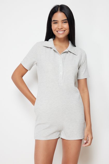 Gray Waffle Button Detailed Shirt Collar Knitted Overalls THMSS24TU00003