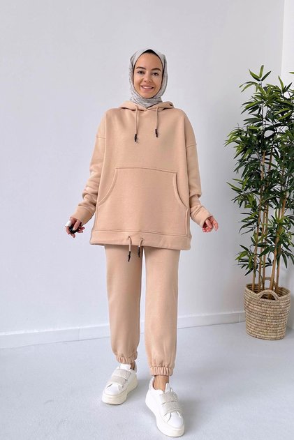 3 Thread Hijab Tracksuit Set with Elastic Ankle - Camel
