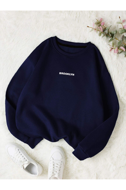 Unisex Kadın/Erkek Brooklyn Özel Renkli Oversize Bisiklet Yaka Pamuklu Sweatshirt