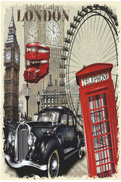 England London Symbols Tourist Trip Themed Retro Wooden Poster