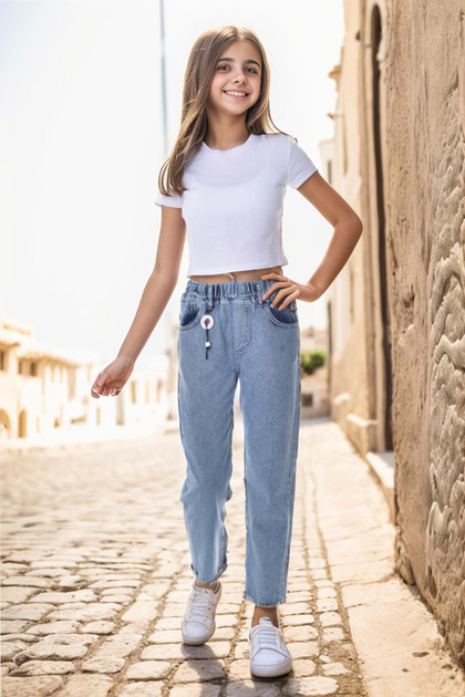 Jannock Kız Çocuk Bel Lastikli Mom Fit Dar Paça Jean Kot Pantolon