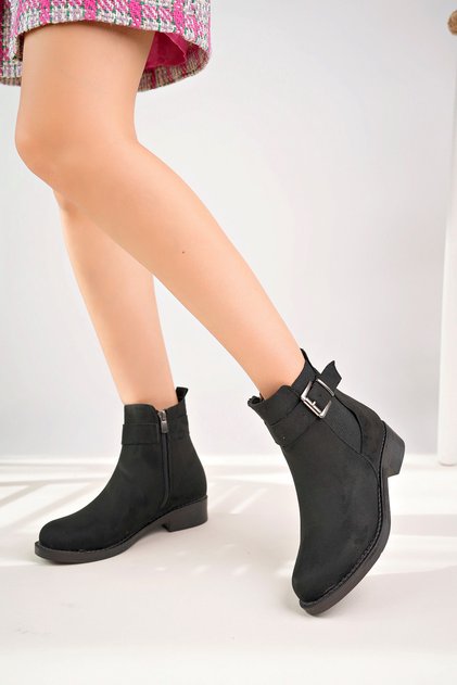 Women's Black Suede Zippered Buckle Boots