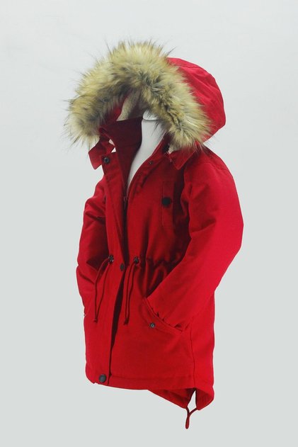 Canvas Fabric Drawstring Waist Above Knee Fur Hooded Winter Coat