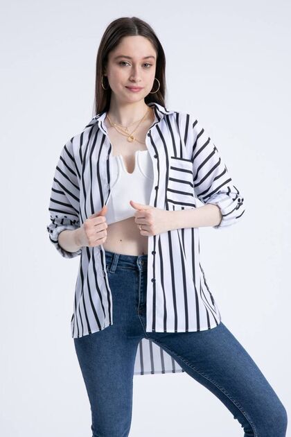 Women's Black Sleeve Folded Single Pocket Oversize Striped Shirt 302