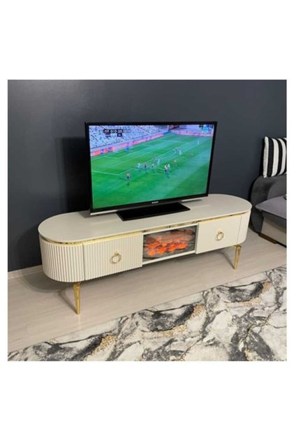 DESİNG TV SEHPA BEYAZ + GOLD + 170cm + ŞÖMİNELİ