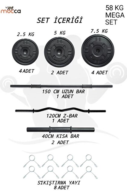 Mocca Style 58 Kg Z-barlı Megaset Halter Seti Ve Dambıl Seti