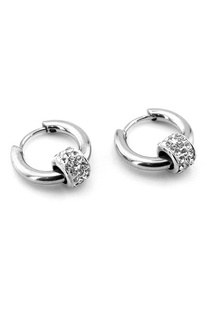 Shiny Rhinestone Hoop Silver Color Stainless Steel Men's Women's Earrings ER030