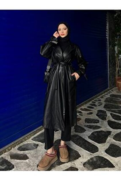 MISSY WINGS Kadın Saks Mavi Deri Trençkot - Fiyatı, Yorumları