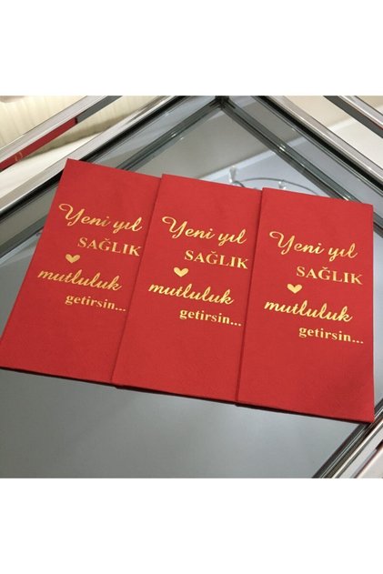Yeni Yıl Yaldızlı Gold Baskı Kırmızı Peçete 16lı