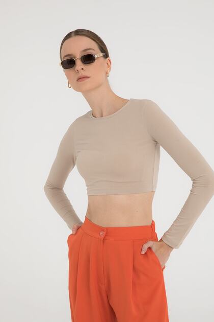 Soft Touch Round Neck Short Blouse Beige
