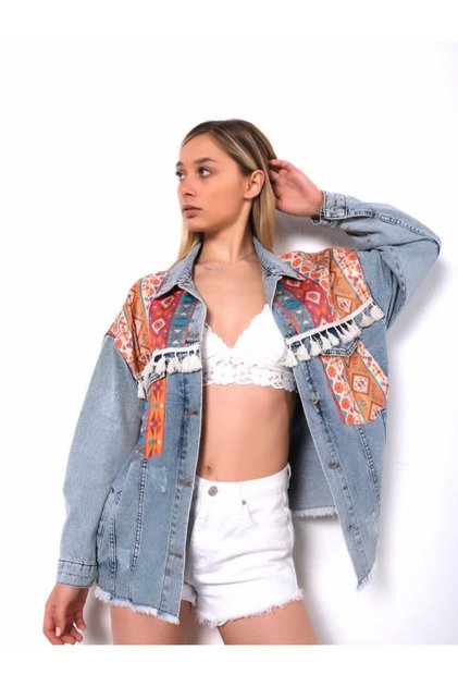 Women's Ethnic Patterned Colorful Denim Jacket