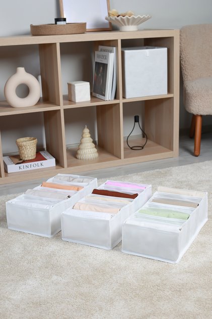 Set of 3 White 7 Compartment Closet Drawer Inside Accordion Type Folding Laundry Organizer