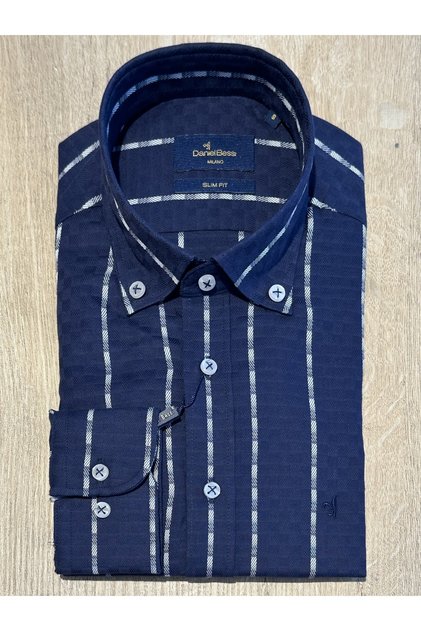 Uzun Kollu Slim Fit Mikro Desenli Çizgili Pamuklu Erkek Klasik Gömlek