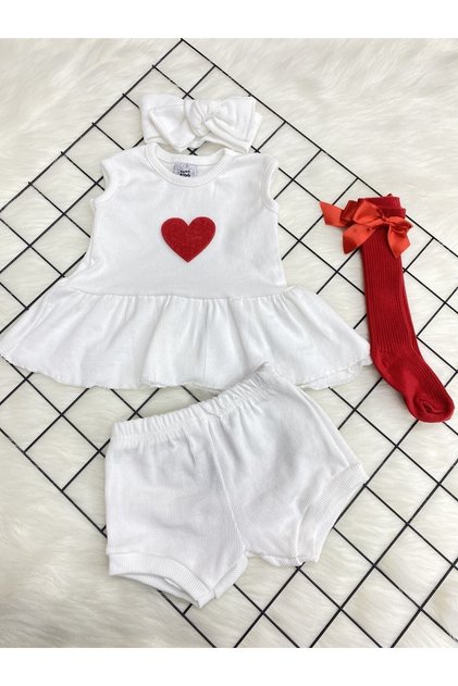 CREAM RIBANA RED HEART BELTED RED BOW SOCKS SET