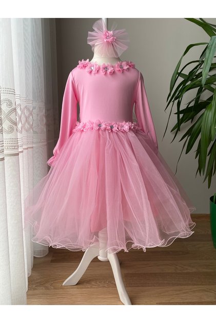 Long Sleeve Children's Evening Dress with Floral Tulle Skirt
