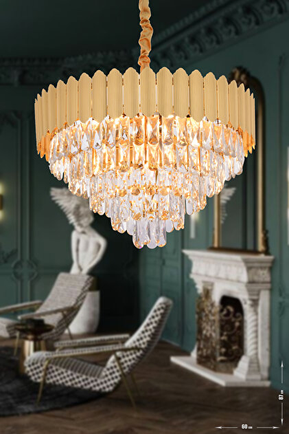 Avizemoda Rossa 60'Lık Kristal Prizma Taşlı Lüks Avize - (Sarı