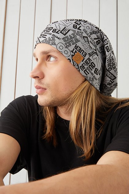 Men's Gray Black Patterned Rope Detailed 4 Season Hat Beanie Buff Ultra Soft Natural Combed Cotton