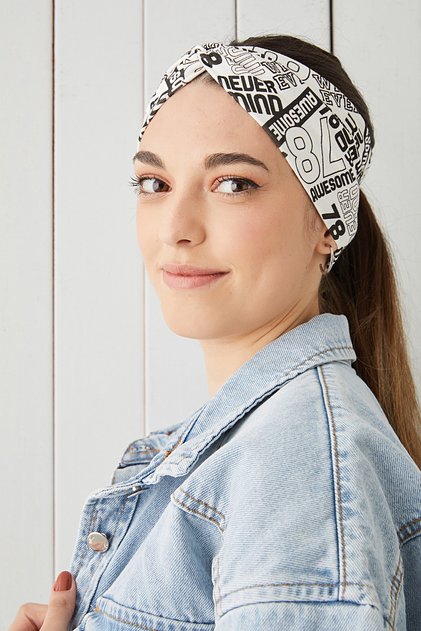 Women's White Black Patterned Extra Soft Flexible Natural Cotton Bandana Hair Band