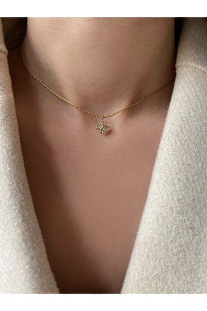Kadın Gold Rengi Altın Kaplama Mini Kelebek Choker Kolye