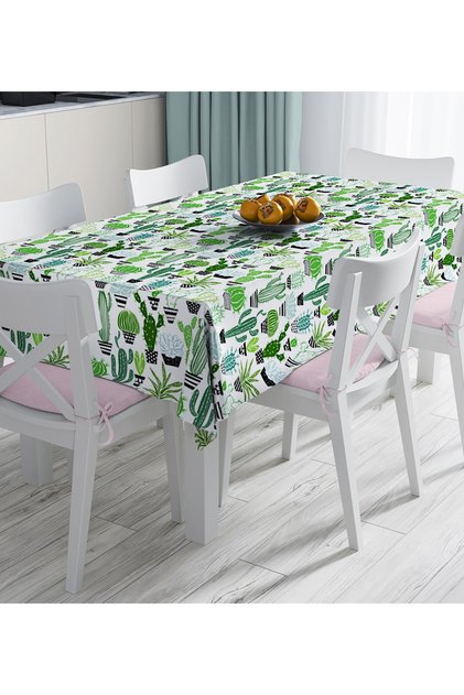 Digital Printed Tablecloth with Green Cactus Pattern on White Background