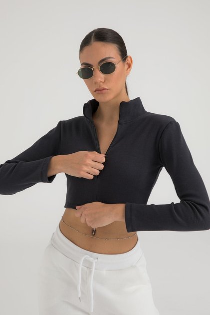 Fermuar Detaylı Fitilli Crop Top Füme