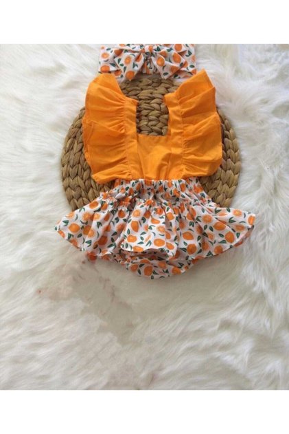 Baby Girl Orange Orange Pattern Salopet and Bandana Set