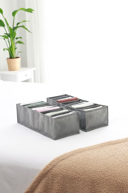 Set of 2 Gray 8 Compartment Cabinet Drawer Inside Accordion Type Folding Laundry Organizer