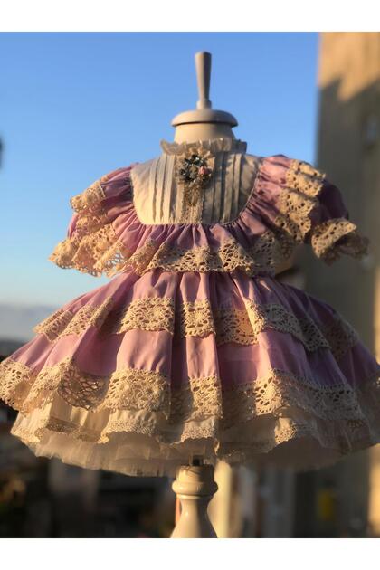 Lilac Antiallergic Cotton Fabric Vintage Birthday Dress with White Lace Top