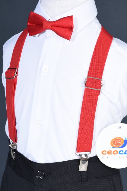 3-Piece Set with Red Strap Bow Tie and White Long Sleeve Shirt