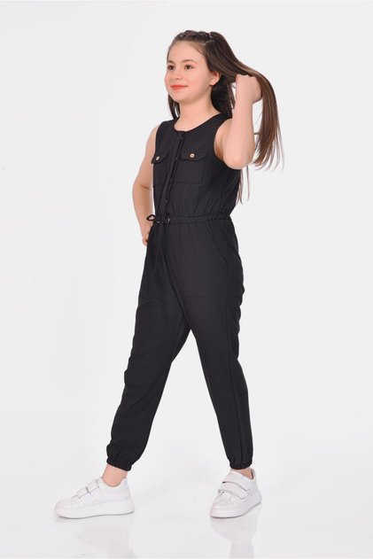 Girl's Jumpsuit with Buttoned Front Placket and Pockets