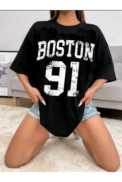 Αθλητικό μπλουζάκι Boston Printed Oversize μαύρο βαμβακερό