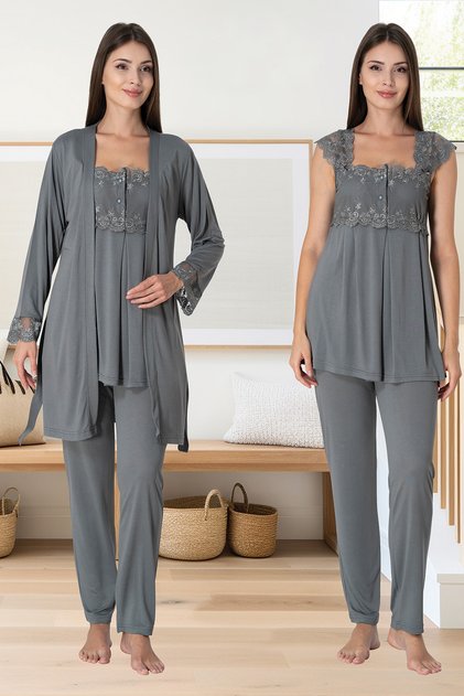 Füme Dantel Sabahlıklı Lohusa Pijama Takımı 2301