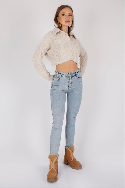 Polo Collar Long Sleeve Hair Braided Four Button Crop Short Knitwear Cardigan