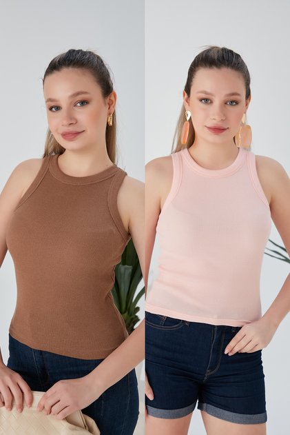 Biscuit Powder Zargo Model 2-Piece Set Fitted Wide Bias Halter Neck Ribbed Flexible Knitted Crop Blouse
