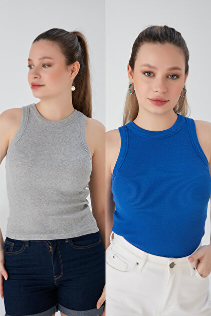 Gray Cobalt Blue Zargo Model Set of 2 Fitted Wide Piping Halter Neck Ribbed Flexible Knitted Crop Blouse