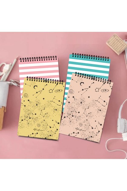 4-Piece Notebook Set, 13 x 20 cm, 50 Sheets , Striped Cardboard Cover, Spiral Binding, Notebook Line Sky