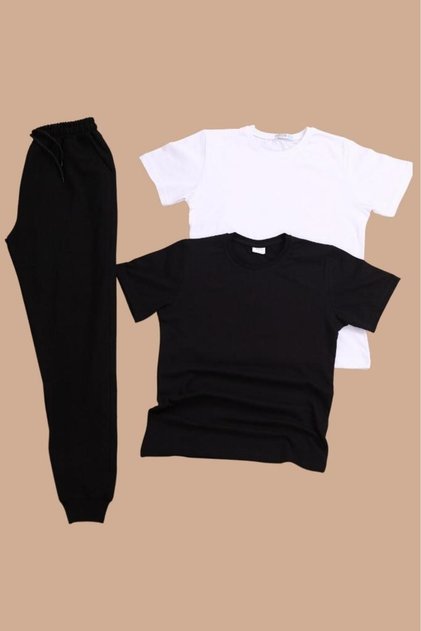 Set of 2 Crew Neck Basic Short Sleeve T-Shirts and 1 Plain Tracksuit Bottom (GIRLS-BOY)