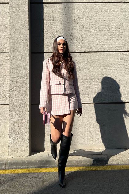 Pink Button Detailed Tweed Shorts Skirt