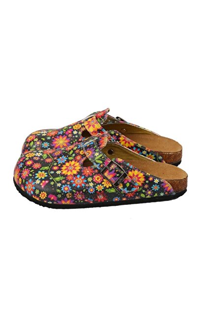 Goby Çiçek Desen Baskılı Burnu Kapalı Çok Renkli Sabo Kadın Terlik