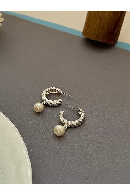 Twist ring pearl silver earrings with dangle