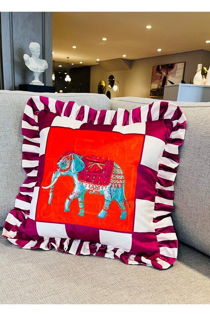 Elephant Patterned Purple Velvet Throw Pillow Cover - Hope Series Special Design Frilly
