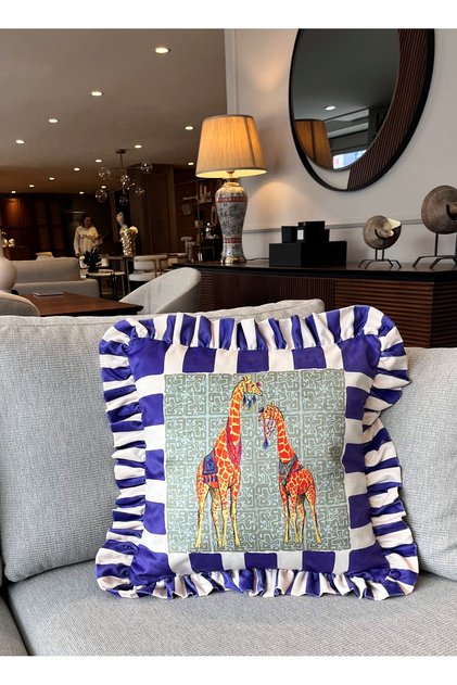 Giraffe Patterned Navy Blue Velvet Throw Pillow Cover - Hope Series Special Design Ruffled