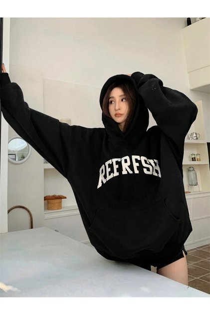Refrfsh 3 Thread Thick Winter Sweatshirt - Black Printed Oversize Hooded Hoodie