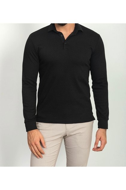 Unisex Combed Cotton Polo Collar Black Long Sleeve T-Shirt Children/Adult