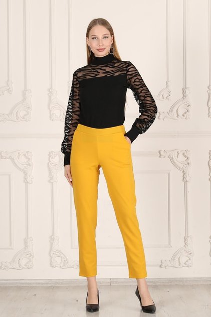 Large Size Women's Daily Elastic Waist Pocketed Crepe Skuba Carrot Cut Women's Elegant Trousers-yellow