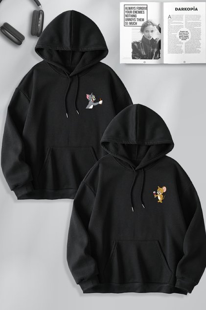 Dear Couple Combination Tom and Jerry Beer Wine Printed Special Design Hooded Sweatshirt Set of 2